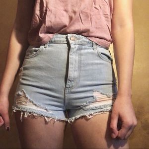 High Waisted Distressed Light Denim Shorts